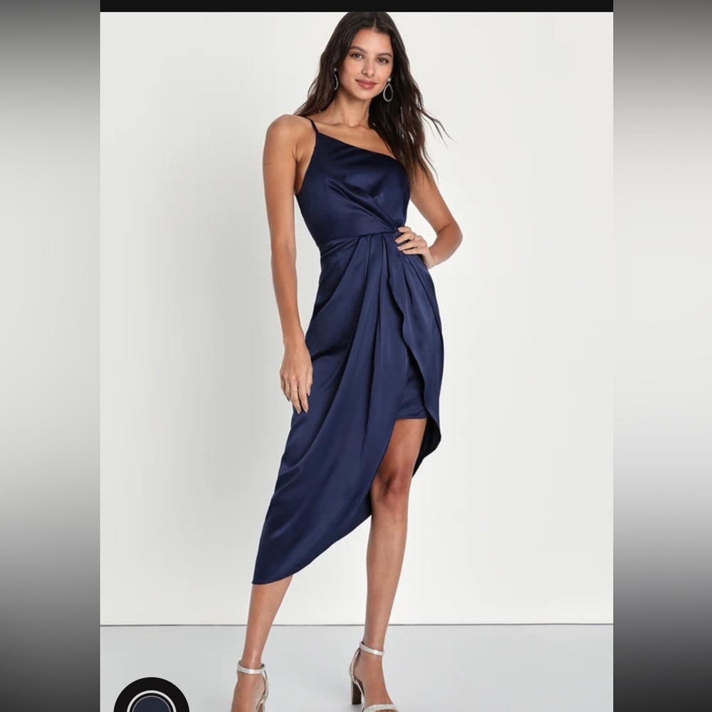 Law of attraction navy blue one shoulder asymmetrical midi